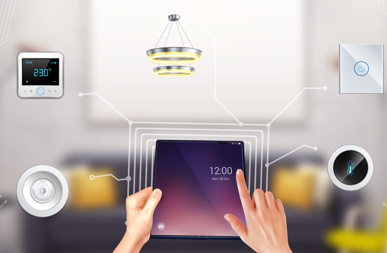 Smart Home Realistic Composition Controlling smart home door lock with touching tablet screen realistic composition fuzzy living room background vector illustration